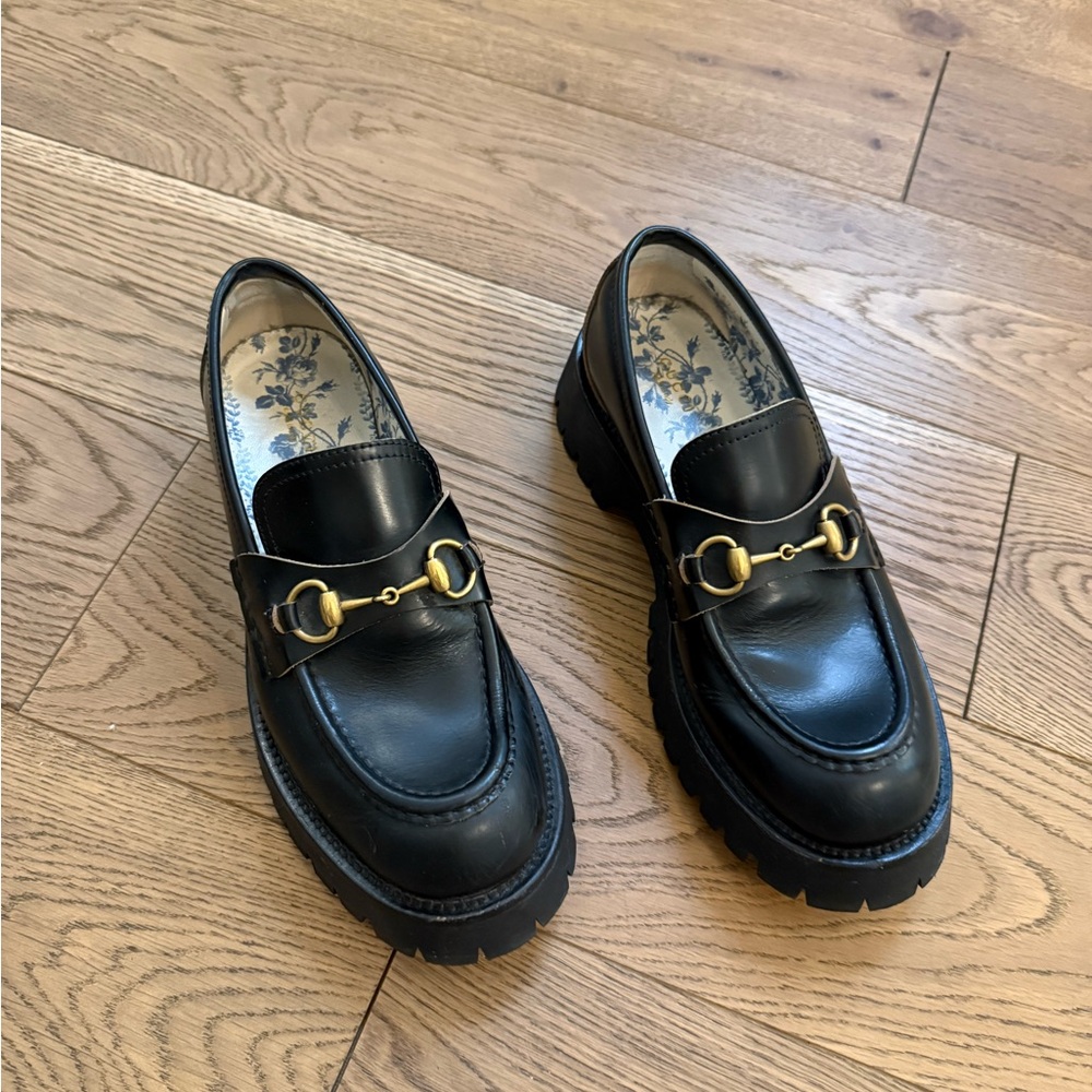 Gucci Black Leather Horsebit Lug Sole Loafers with Gold Hardware